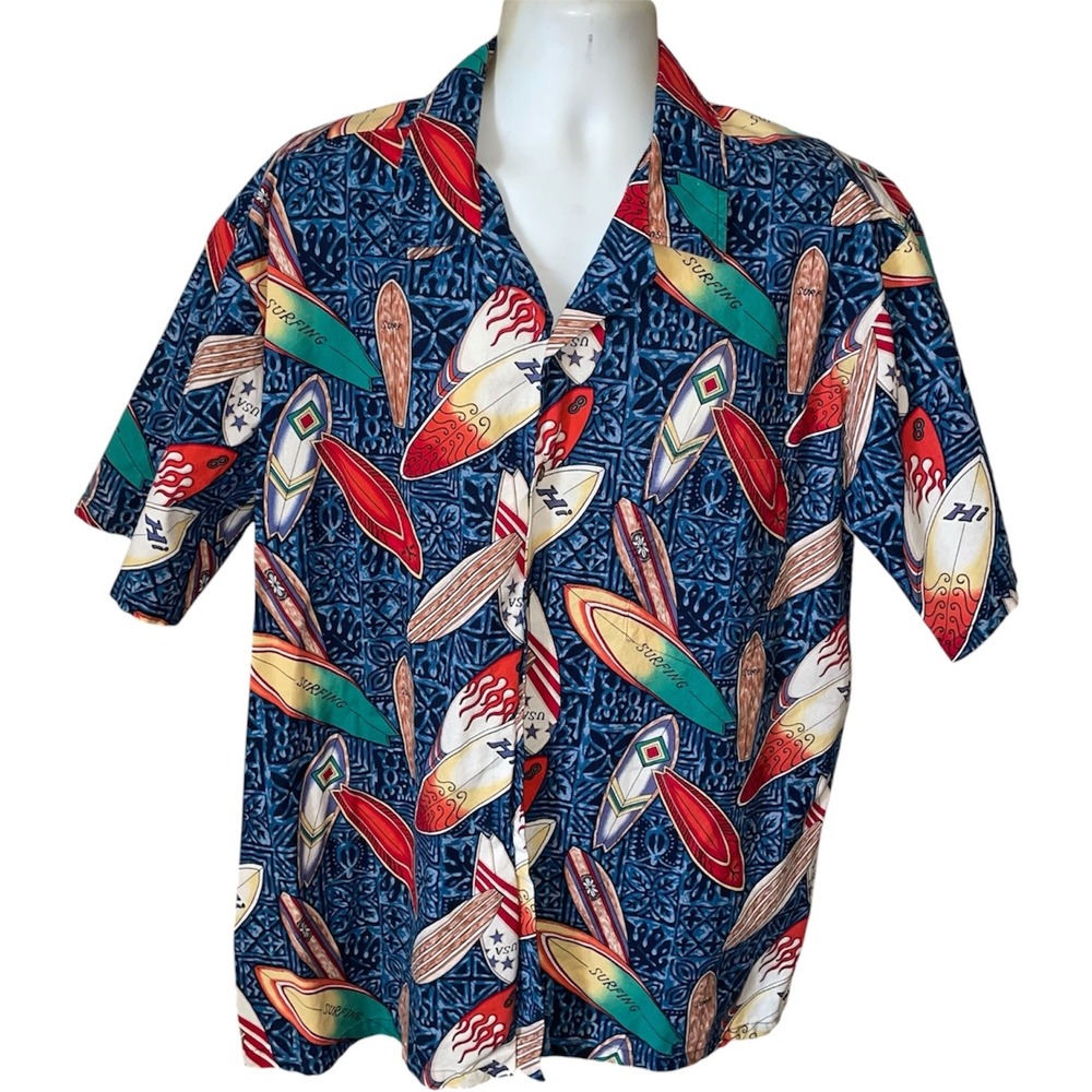 Vintage Hawaii Surfboard Print Cotton Aloha Shirt Blue 2XL Made in USA Coconut